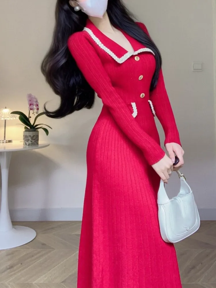 Autumn Winter Knitted Dresses for Women Turn-down Collar Korean Fashion A-line Casual Solid Dress Slim Vestidos Mujer 2024 New