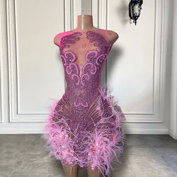 Stunning Sparkly Luxury Diamond Women Birthday Party Cocktail Gowns Sexy Sheer Pink Feather Mini Short Prom Dresses 2026