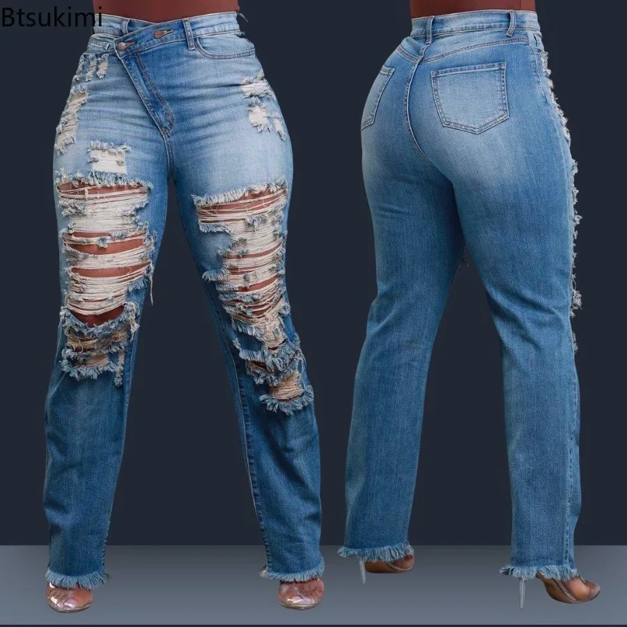 Women's Mid Waist Ripped Fringe Jeans Vintage Distressed Denim Pants Washed Blue Full Length Casual Streetwear Trendy Daily Wear