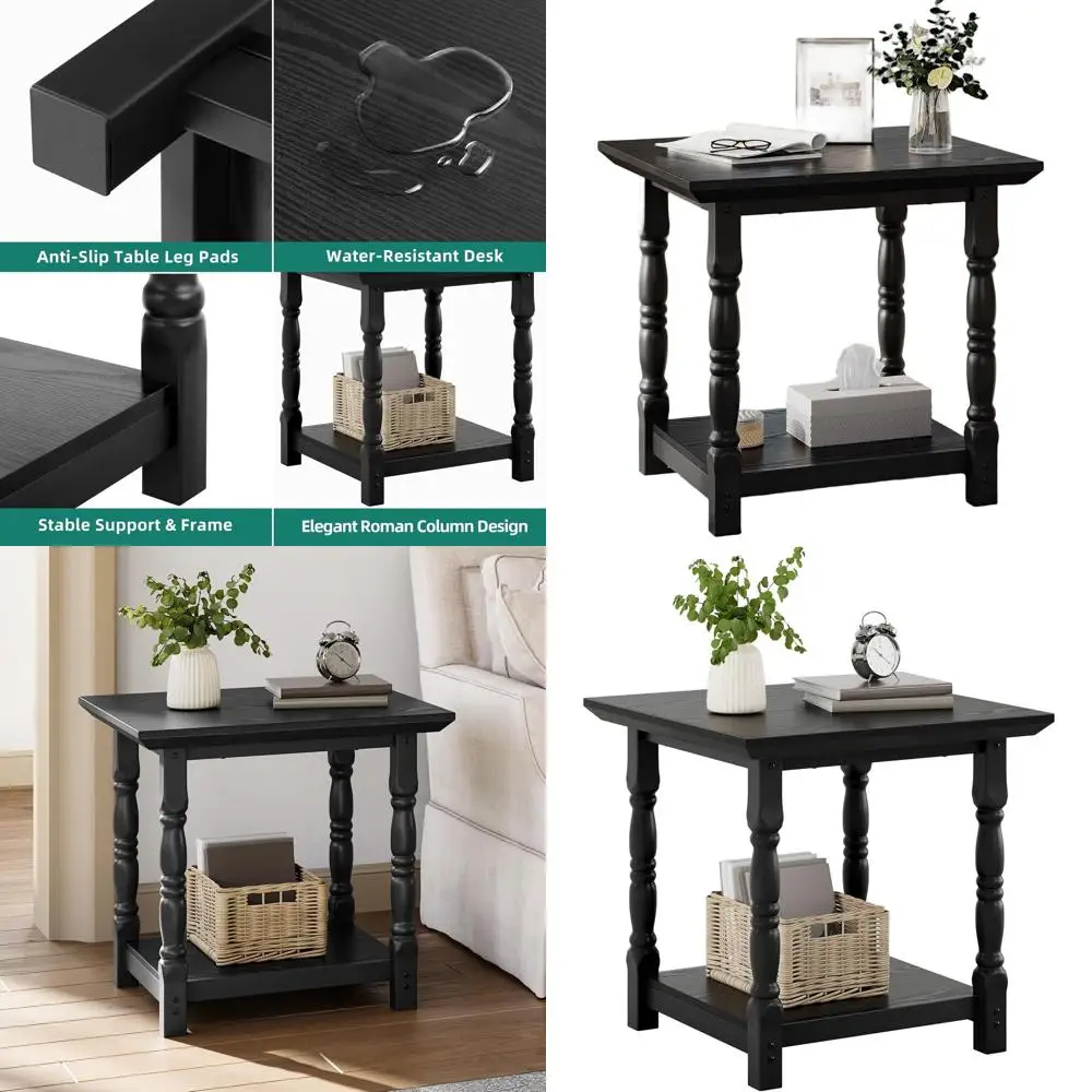 

Farmhouse Square End Table, Antique Accent Table with Floor Shelf, Side Table w/Dual-Tier Storage and Heavy-Duty Frame for Livin