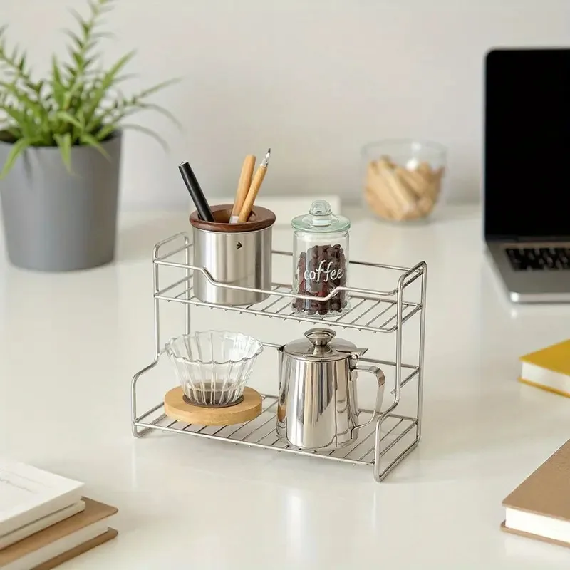 منظم المطبخ والحمام من الفولاذ المقاوم للصدأ بطبقتين، رف تخزين خالٍ من اللكمات لمستحضرات التجميل ومستحضرات التجميل - منظم الرف