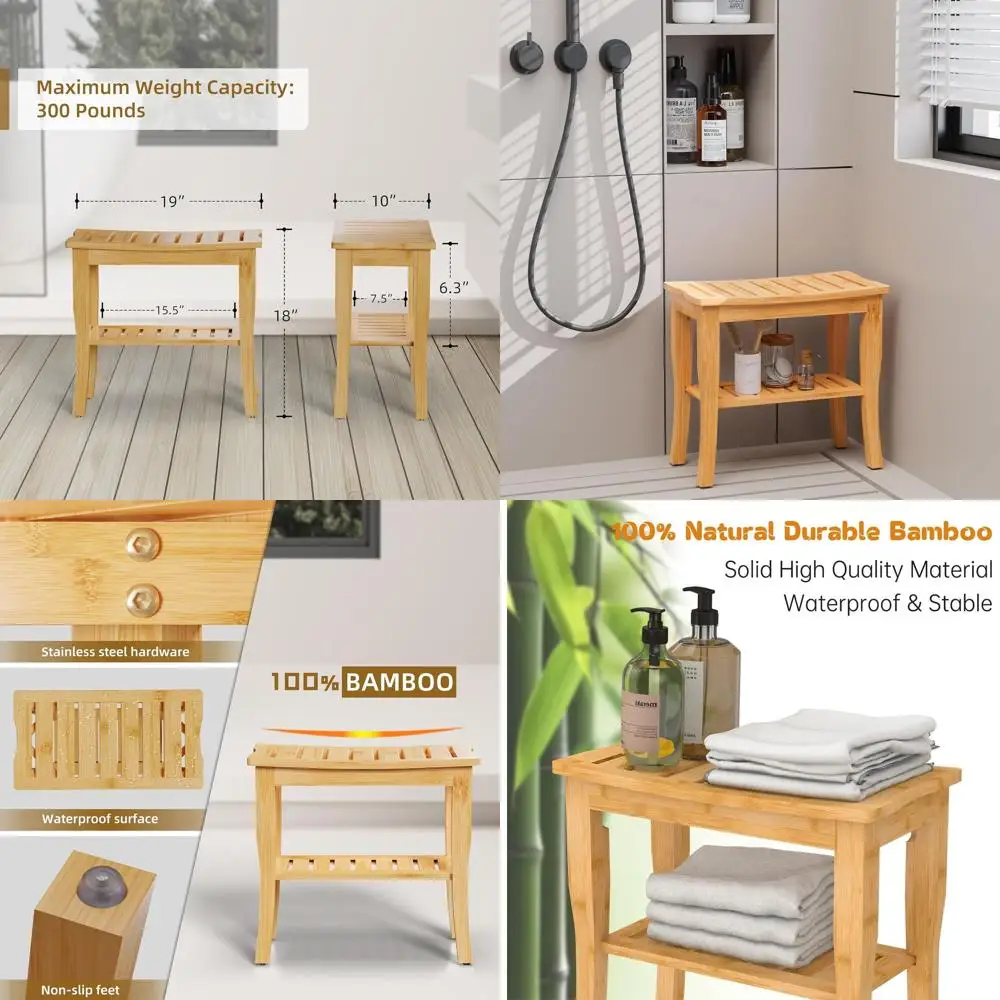 

Classic Natural Bamboo Shower Bench with Waterproof Storage Shelf and Seat for Indoor Use