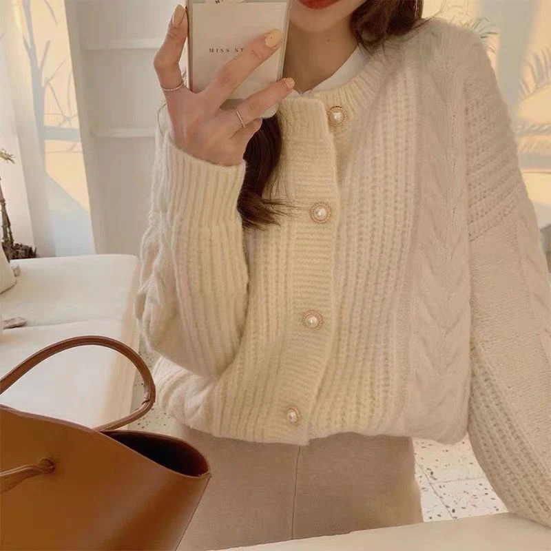 Women Korean Fashion Vintage Chic Beaded Button Thick Knitted Cardigan Autumn Winter Twist Simple Sweet Long Sleeve Sweater Coat