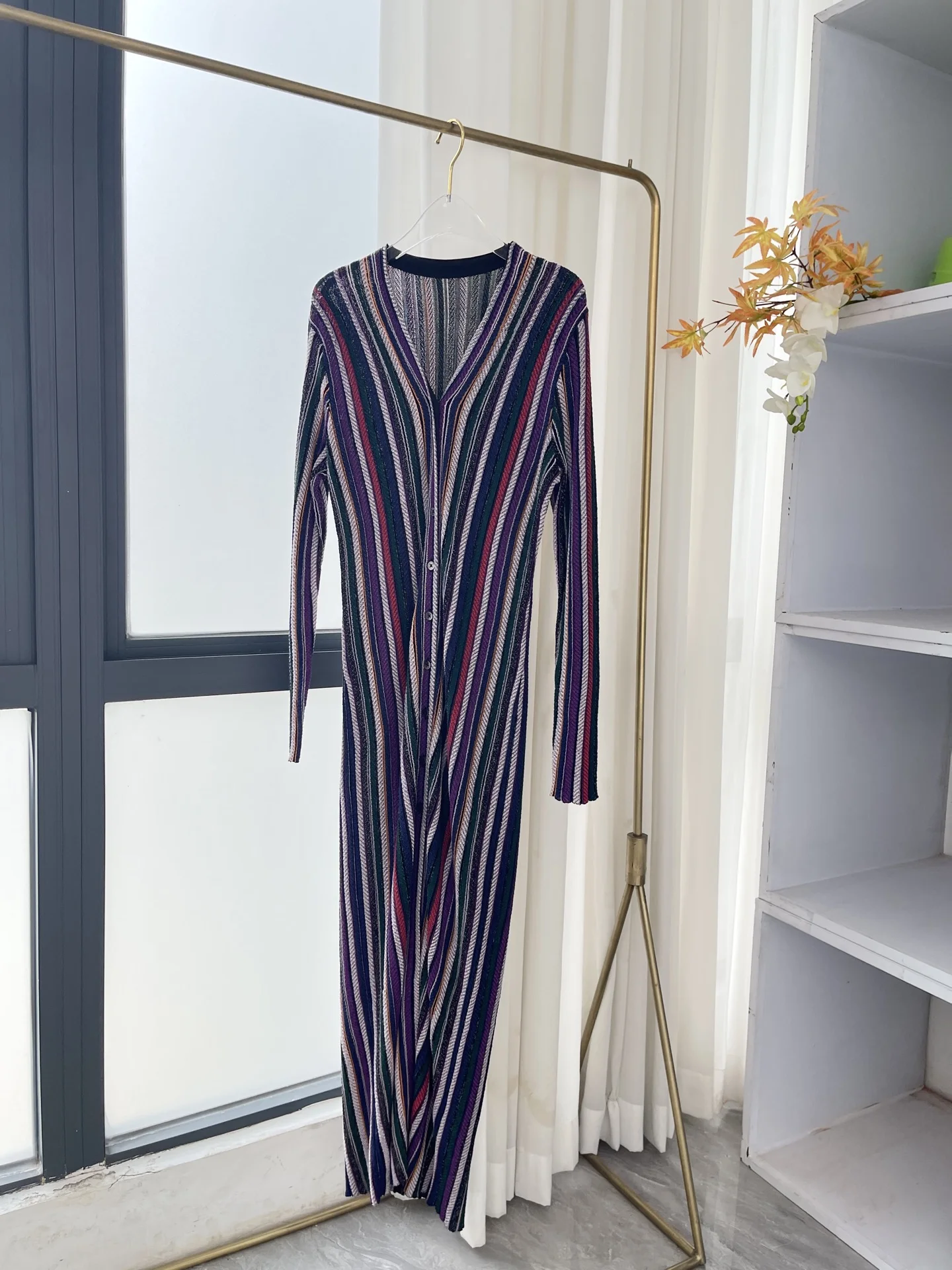 

Multicolored Striped Print Long Sleeve Midi Dress