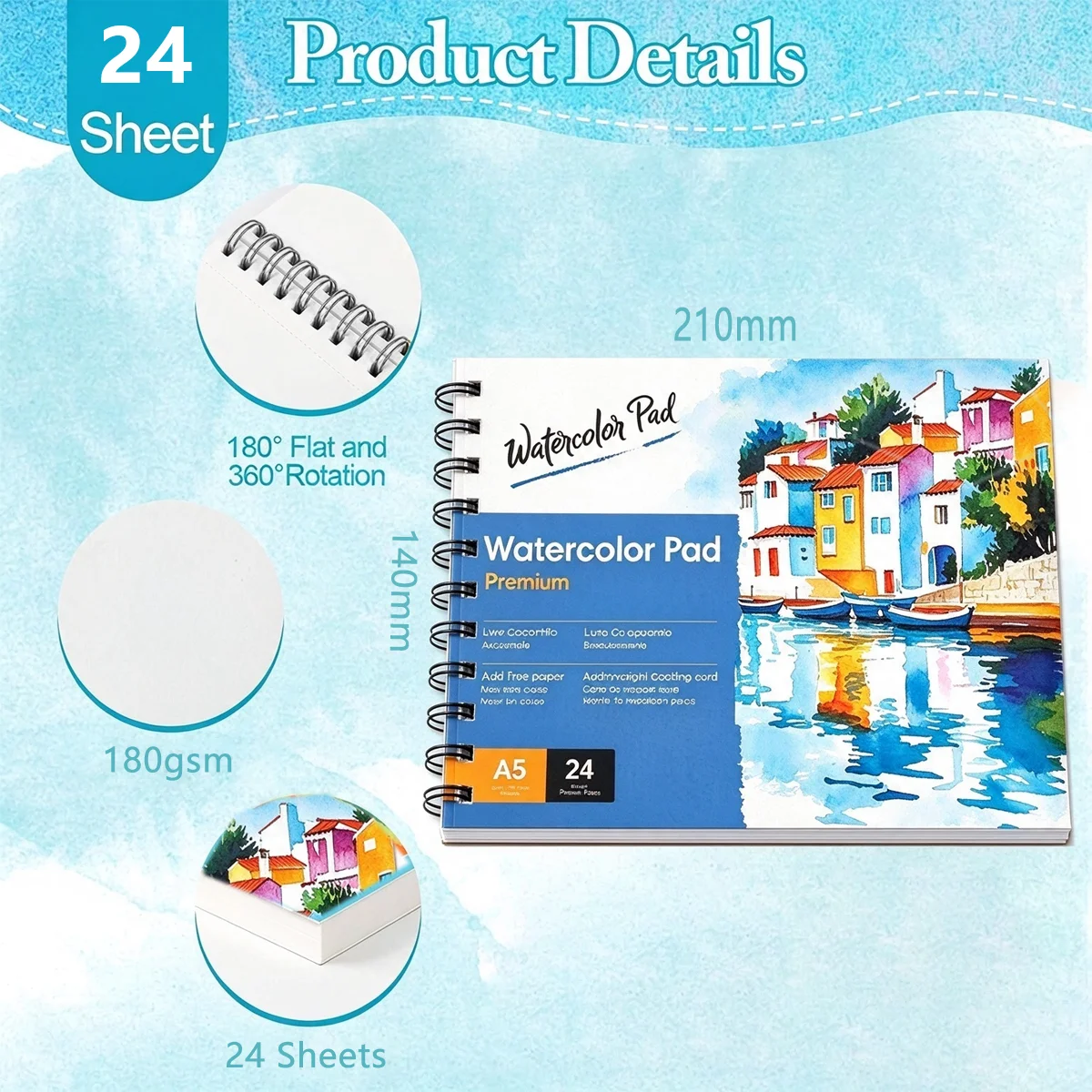 A5 148x210mm Watercolor Paper Pad, 180gsm, Spiral Bound,Sketchbook,Cold Press Texturefor Acrylic Watercolor Marker Pens