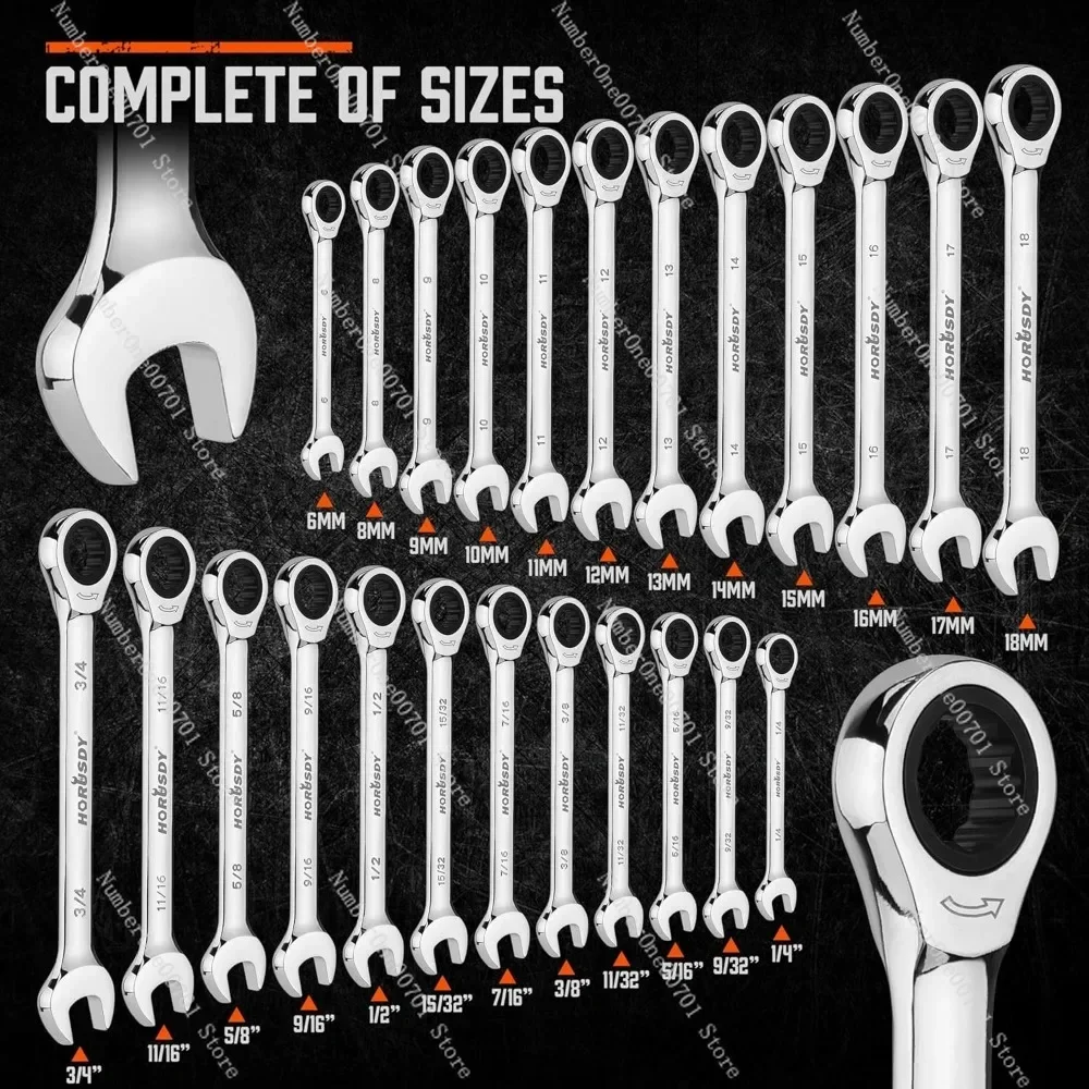 

24-Piece Ratcheting Wrench Set Metric and SAE 72-Teeth Chrome Vanadium Steel 6-18 Mm & 1/4” To 3/4“