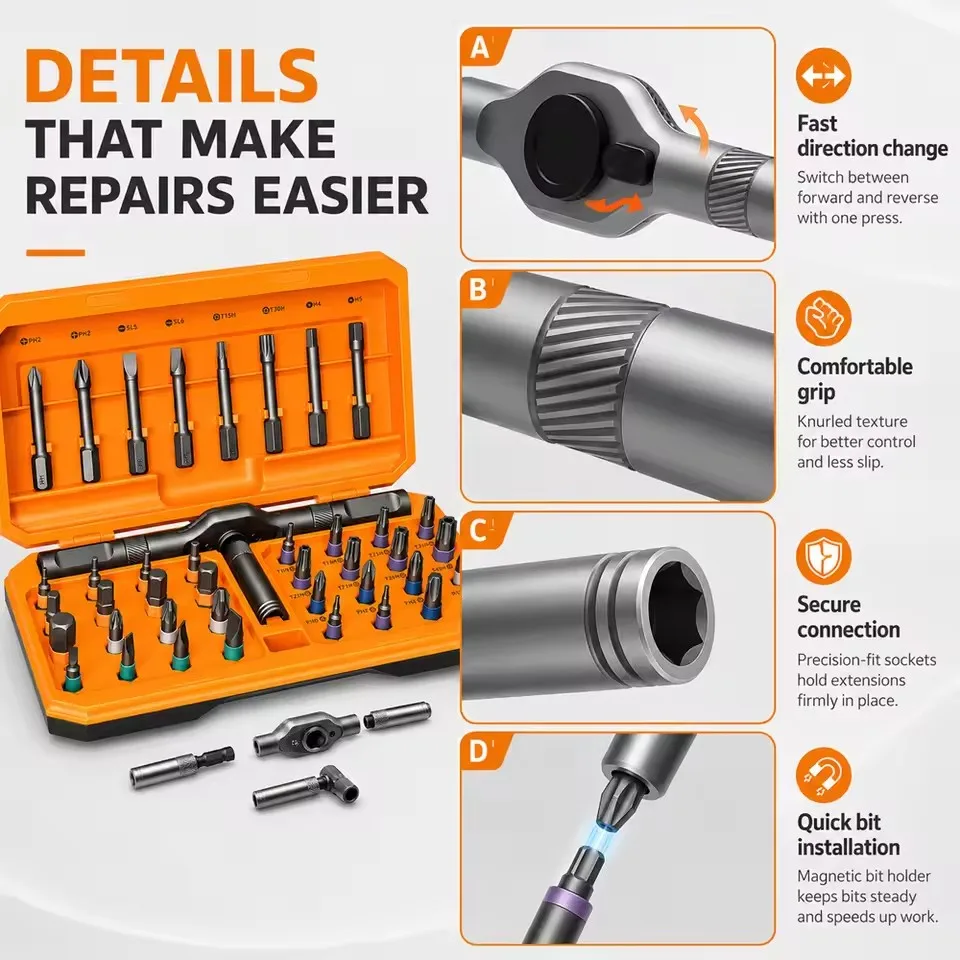 Ratchet Screwdriver Set With Detachable Handle And Storage Case Portable Hand Tool Kit Interchangeable Bits For DIY Repair