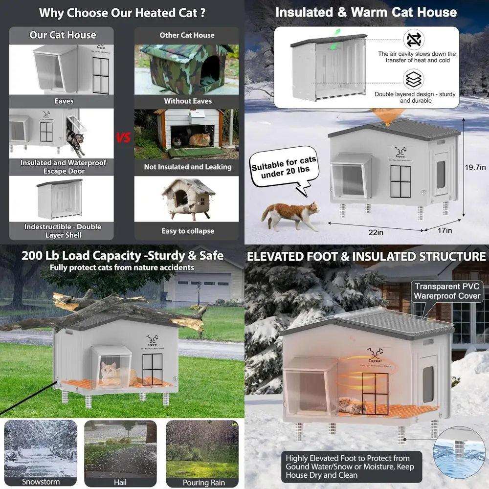 

Прочный изолированный укрытие для кошек на открытом воздухе, устойчивый к атмосферным воздействиям и подогревом, идеально подходит для бродячих кошек, 22x17x19,7 дюйма