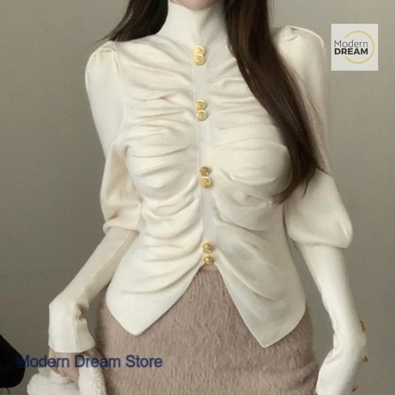 

Korean style pleated semi-high collar bubble sleeve knit bottoming shirt women's autumn and winter new temperament sweater