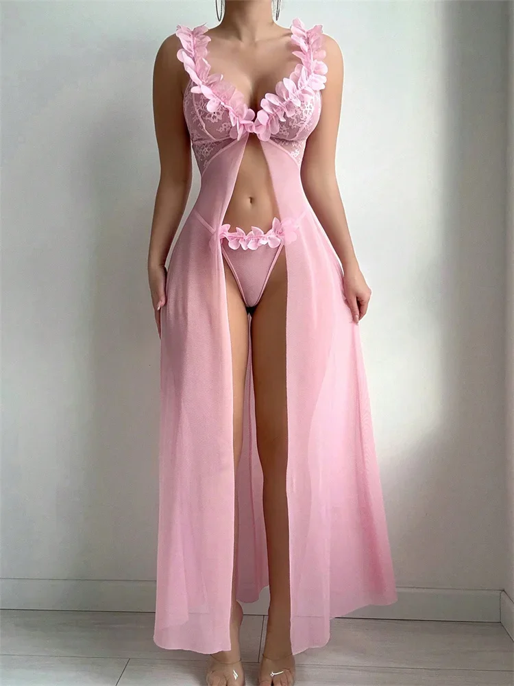 Pink Floral Sexy Nighties Women Babydolls Lingerie Dress Exotic Slip Nightdress Deep-V Lace Mesh See Through Nightgowns view 4