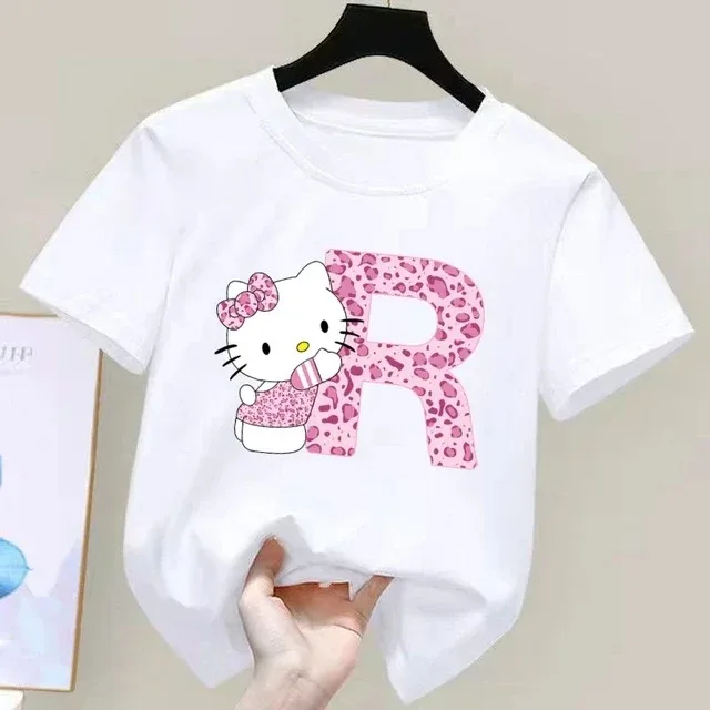 Hello Kitty Letter A-Z Children's Cotton Short-sleeved Top Sanrio Summer T-shirt Girly Heart Soft Clothes Kawaii Birthday Gift