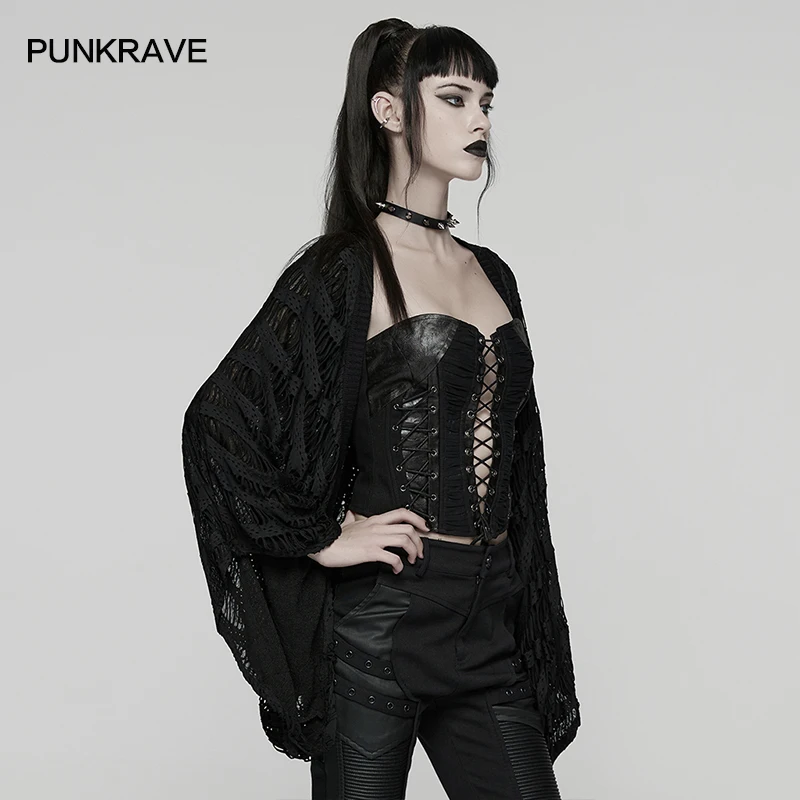 PUNK RAVE Women's Decadent Punk Simple Loose Stretch Knit Cardigan Gothic Daily Personalized  Wide Sleeves Thin Coat