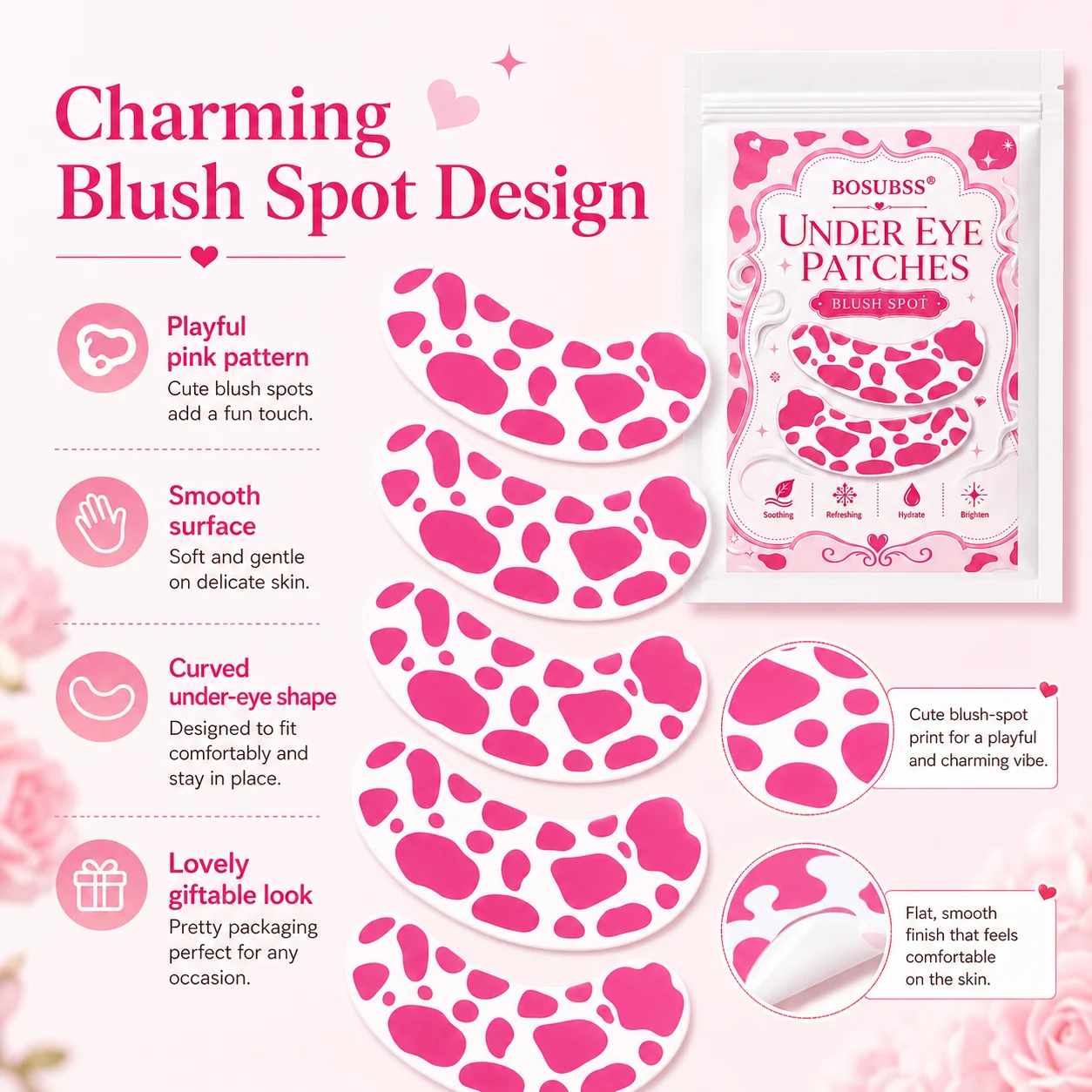 5Pairs/10PCS Pink Spot Under Eye Patches, Cute Printed Crescent Eye Masks for Refreshing Daily Skincare, Self-Care and Travel
