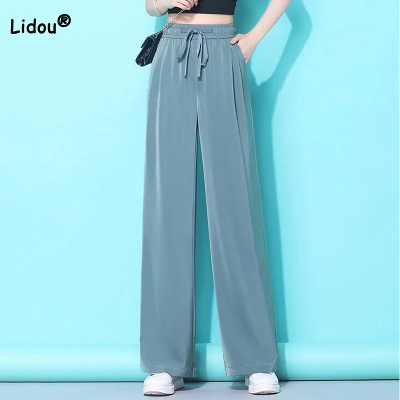 

Women Spring Summer Pockets Ice Floss Casual Wide Leg Trousers Fashion Solid Color Bandage High Waist Loose Trend Straight Pants