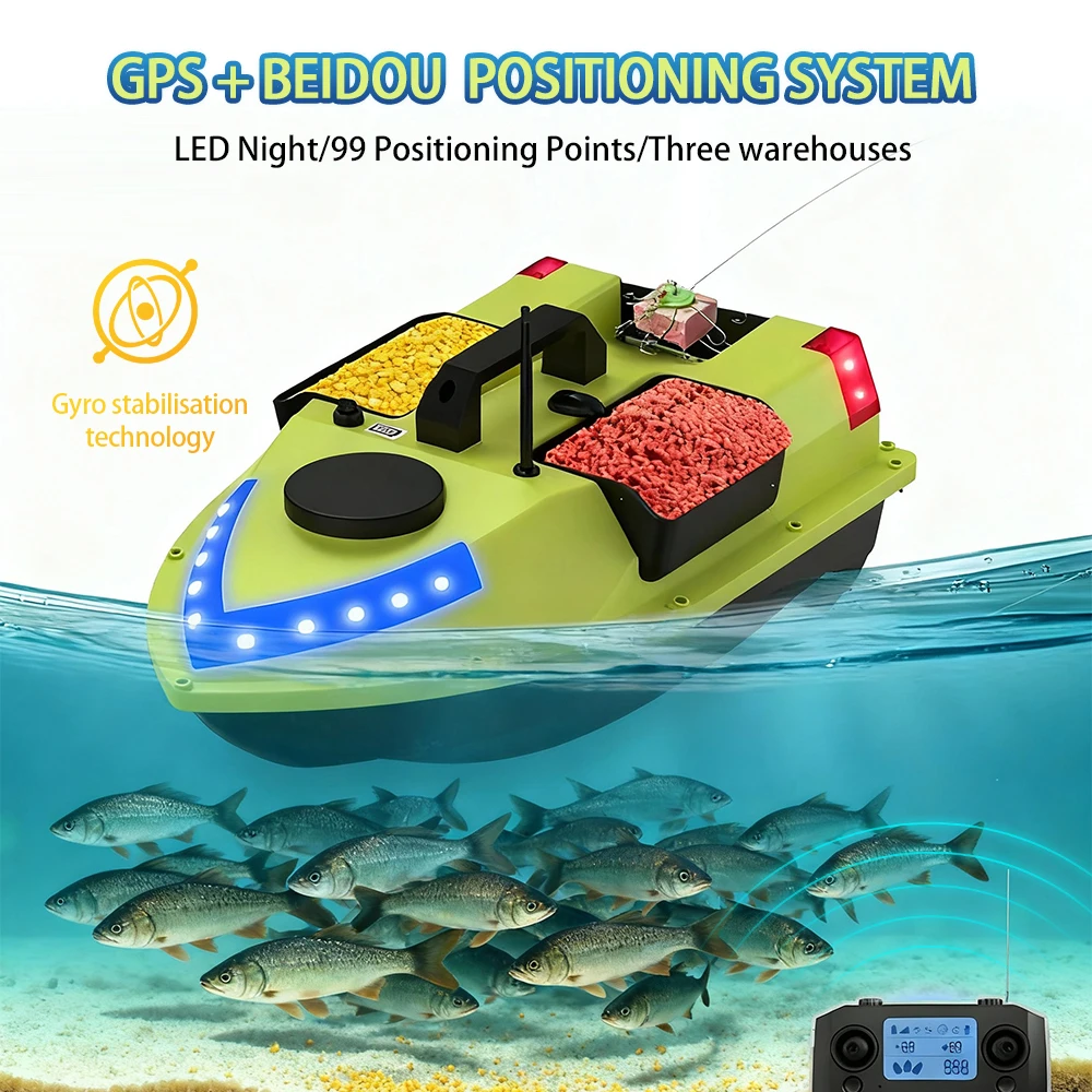 

Battery-powered RC Bait Boat Electric Remote Control Fishing Bait Boat with GPS High Capacity Bait Boat with LED Night Light
