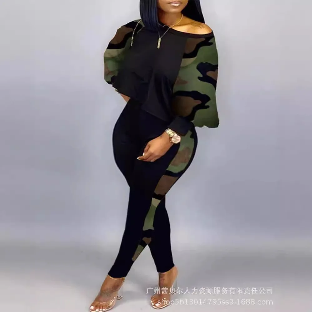 Women 2pcs Clothes Set Camouflage Printed Long Sleeve Loose Top T Shirt Blouse & Ankle Length Pants