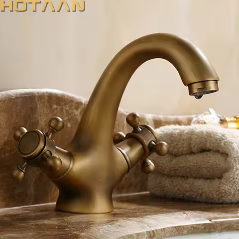 Antique Faucet Bathroom Basin Faucet Two Handles Washbasin Taps Solid Brass Deck Mounted Hot Cold Water Mixer Tap YT-5021