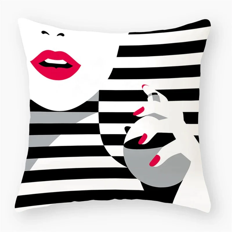 Girl Red Lips Stripe Decorative Polyester Throw Pillow Cover Bedside Cushion Pillowcase Sofa Decoration Pillowcover 45X45CM