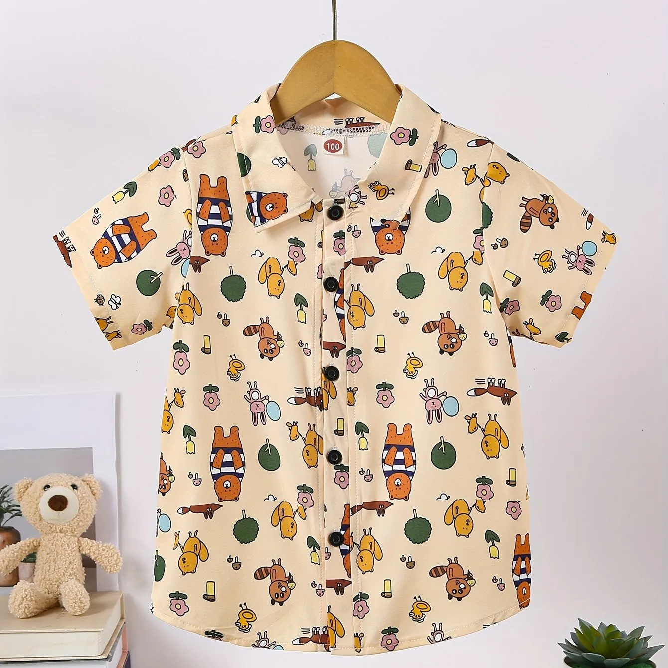 Boys Cute Cartoon Animal Pattern Button Down Lapel Shirt Kids Girl Short Sleeve Casual Summer Top for Daily Wear Vacation