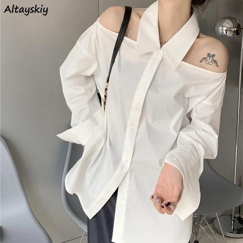 Minimalist Shirts for Women Off Shoulder Spring Summer Sexy Chic Casual White Hot Girls Ins Korean Style All-match Solid Design