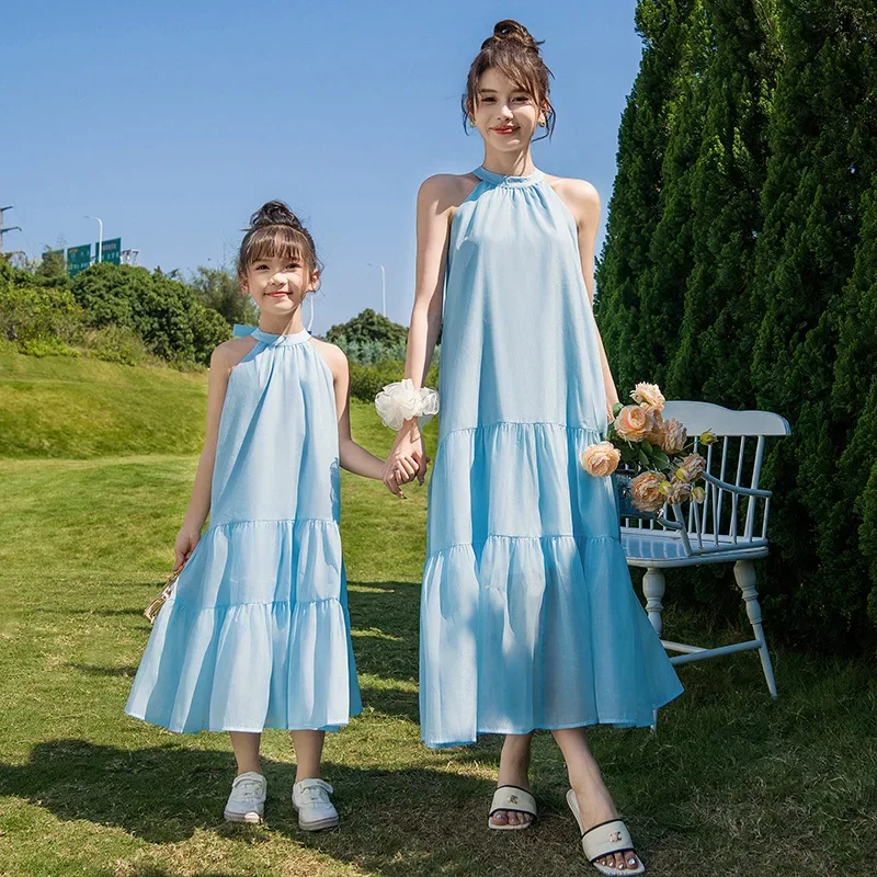 Mother and Daughter Matching Birthday Party Dresses Elegant Mom and Baby Girls Wedding Princess Blue Dress Mommy and Me Clothes