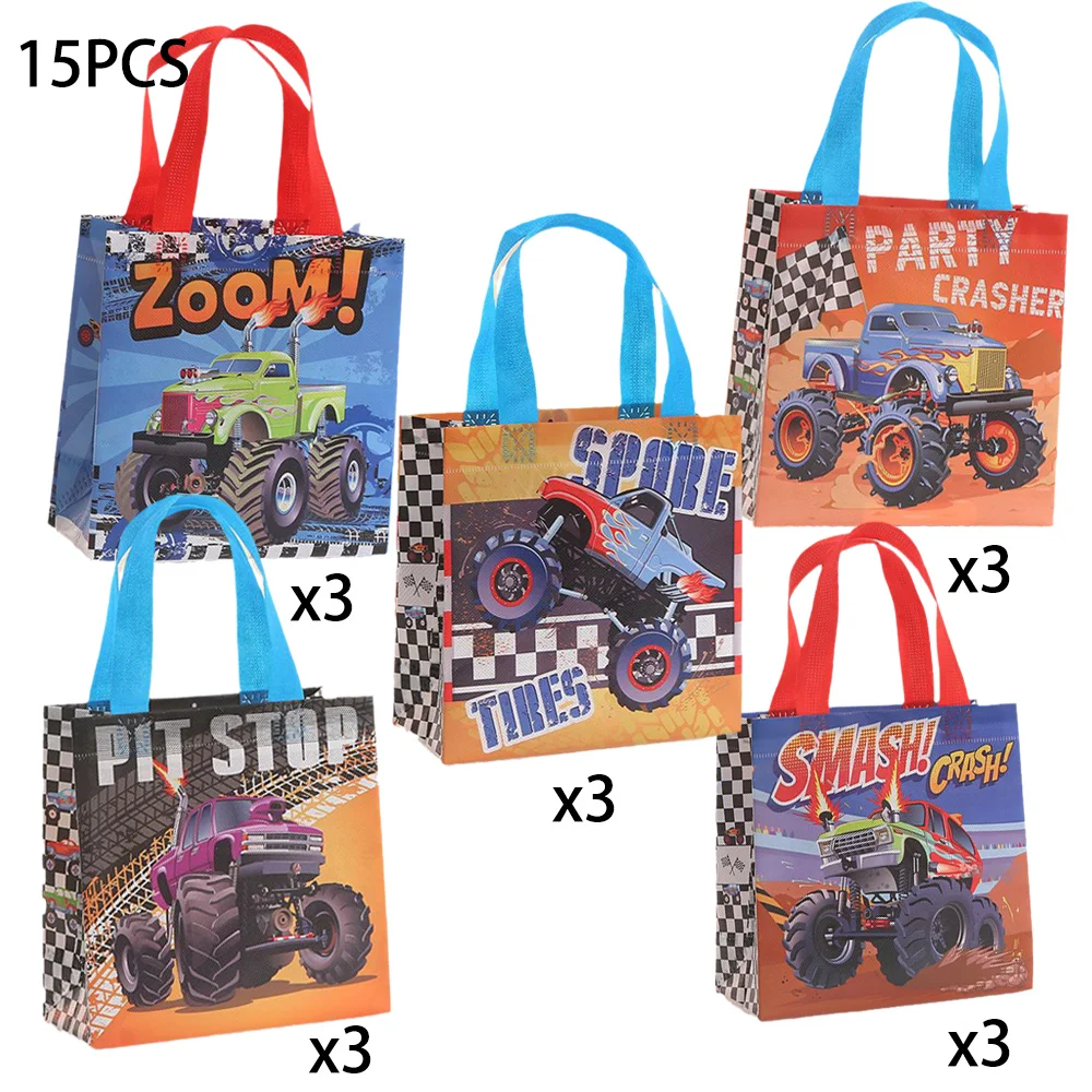 15 Pcs Monster Truck Bags Non-Woven Bags Gift Tote Bags Truck Themed Treat Bags with Handles Birthday Party Decorations Supplies