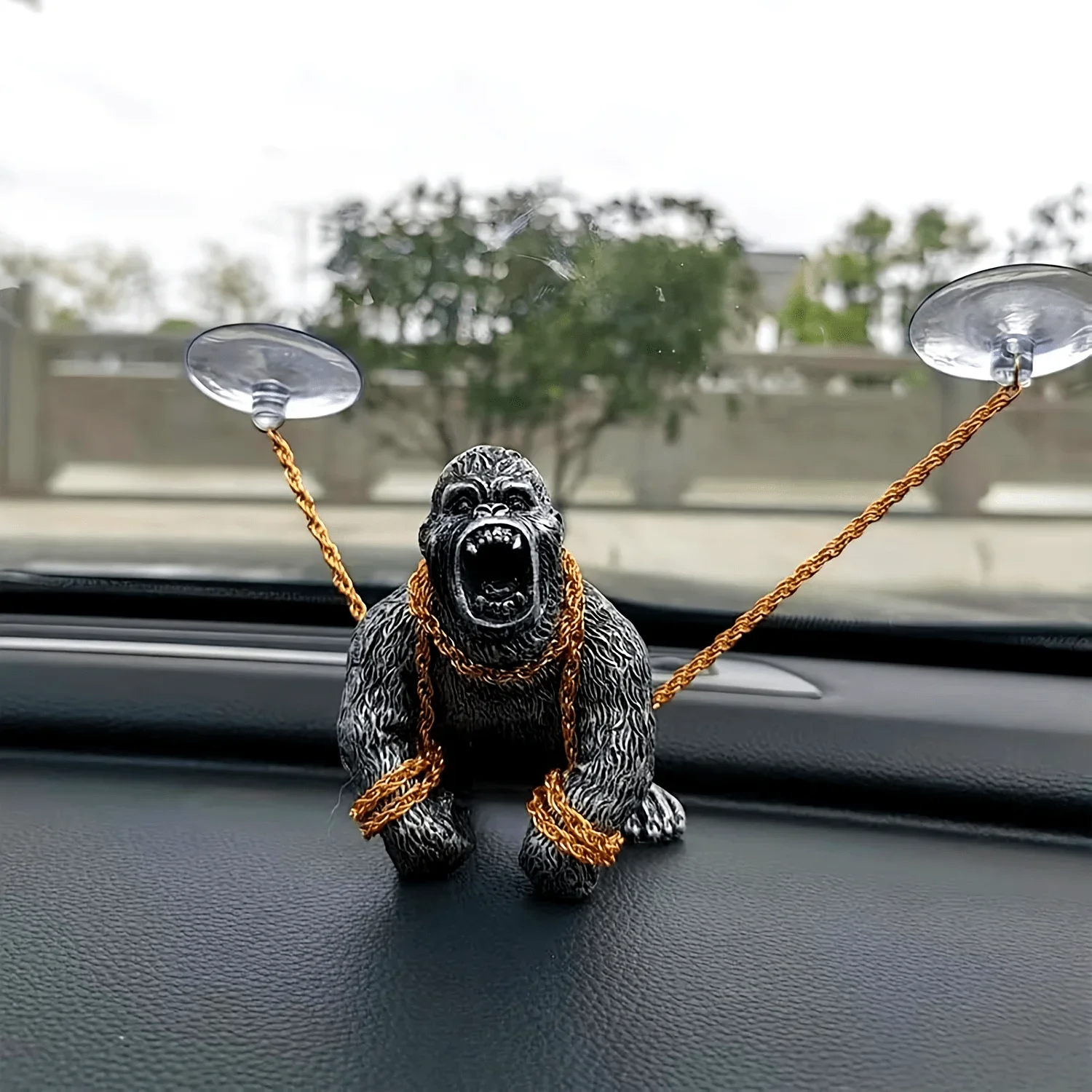 Gorilla-Themed Car Dashboard Decor with Non-Slip Mat & Golden Chain - ABS Resin, Perfect for Interior