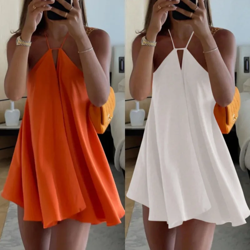

Midi Dresses Mini Dresses Women Eur Usa Sexy Deep V-neck Fluffy Skirt Backless Suspender Loose Stringy Selvedge A-line Dress New