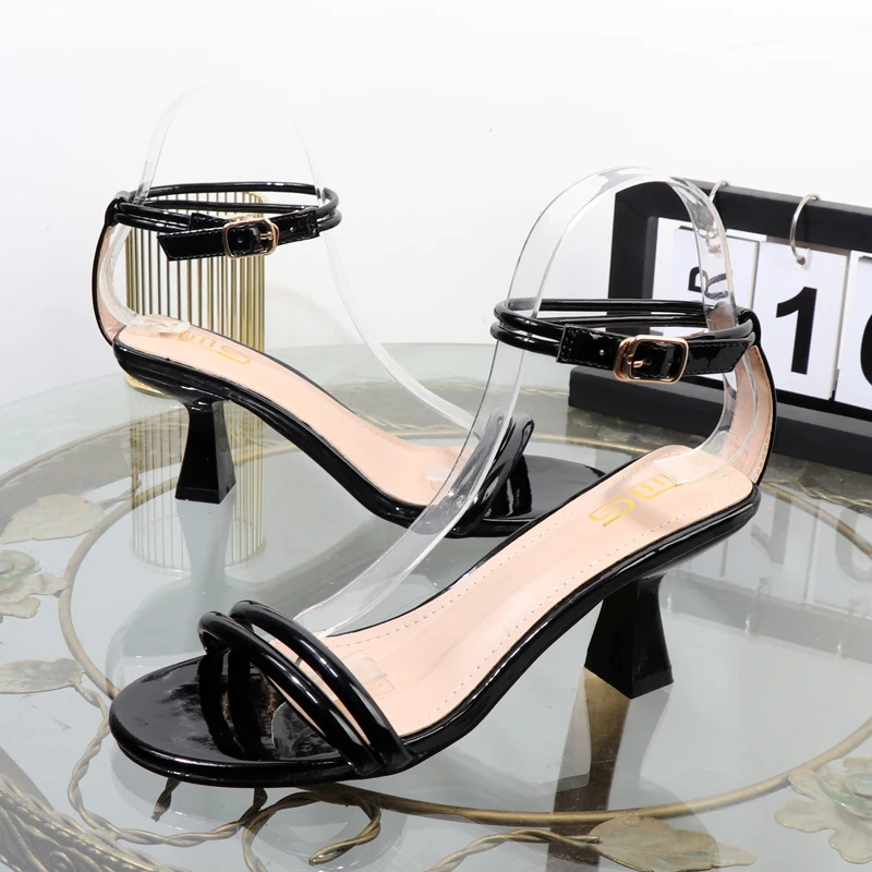 women's shoes in the summer of 2023 black outside stiletto sandals with round heads open toes Ladies high-heeled shoes 7.5CM