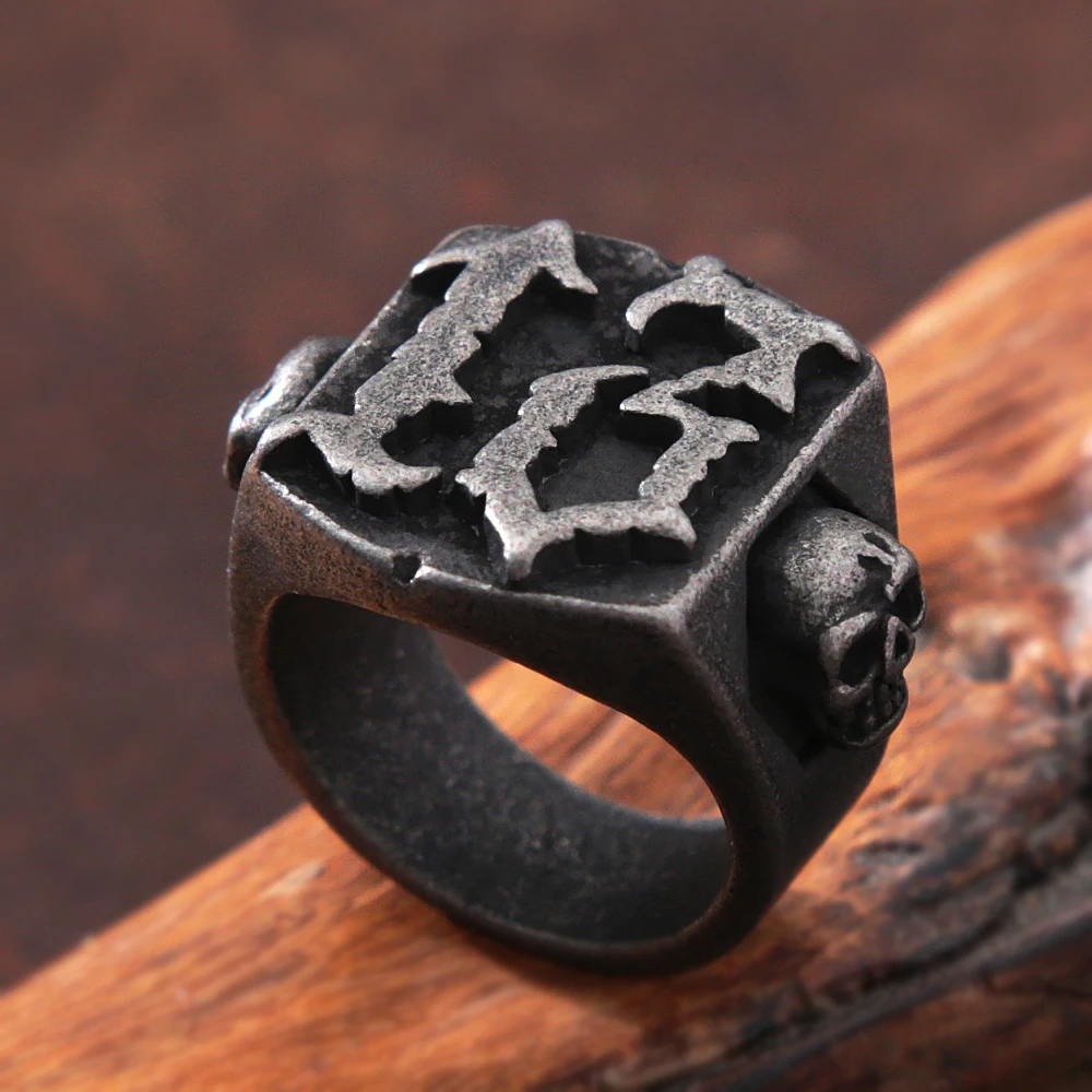 Punk Hip Hop Mens Lucky Number Ring Fashion Retro Black Stainless Steel Biker Gothic Skull Ring Men Fashion Jewelry Gift