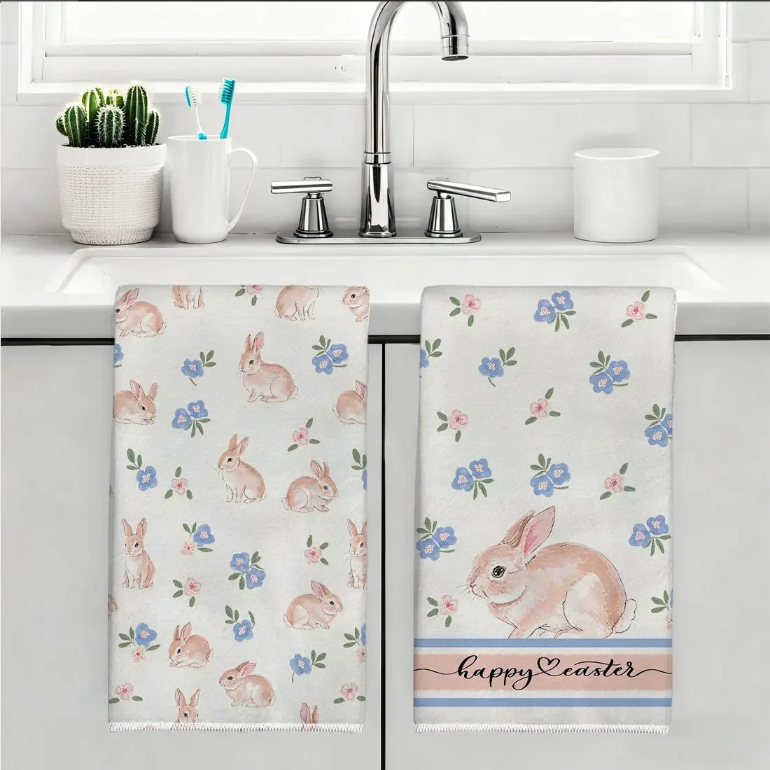 2 Stück 40x60cm Oster-Serien-Geschirrtücher, Küchentücher mit Motiven wie Frische Hasen, Tulpen, Karotten, Herzförmige Ostereier und Textgeschenke