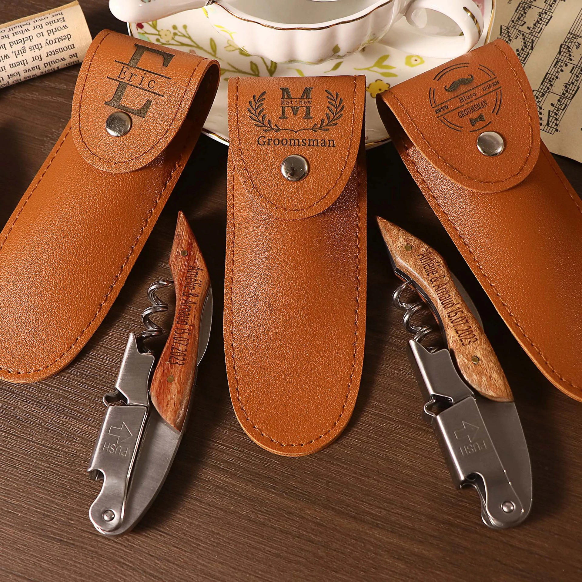 Stainless Steel Beer Opener Wood Handle Free Personalised Leather Case Bottle Opener For Fathers Day Birthday Gifts Man Present