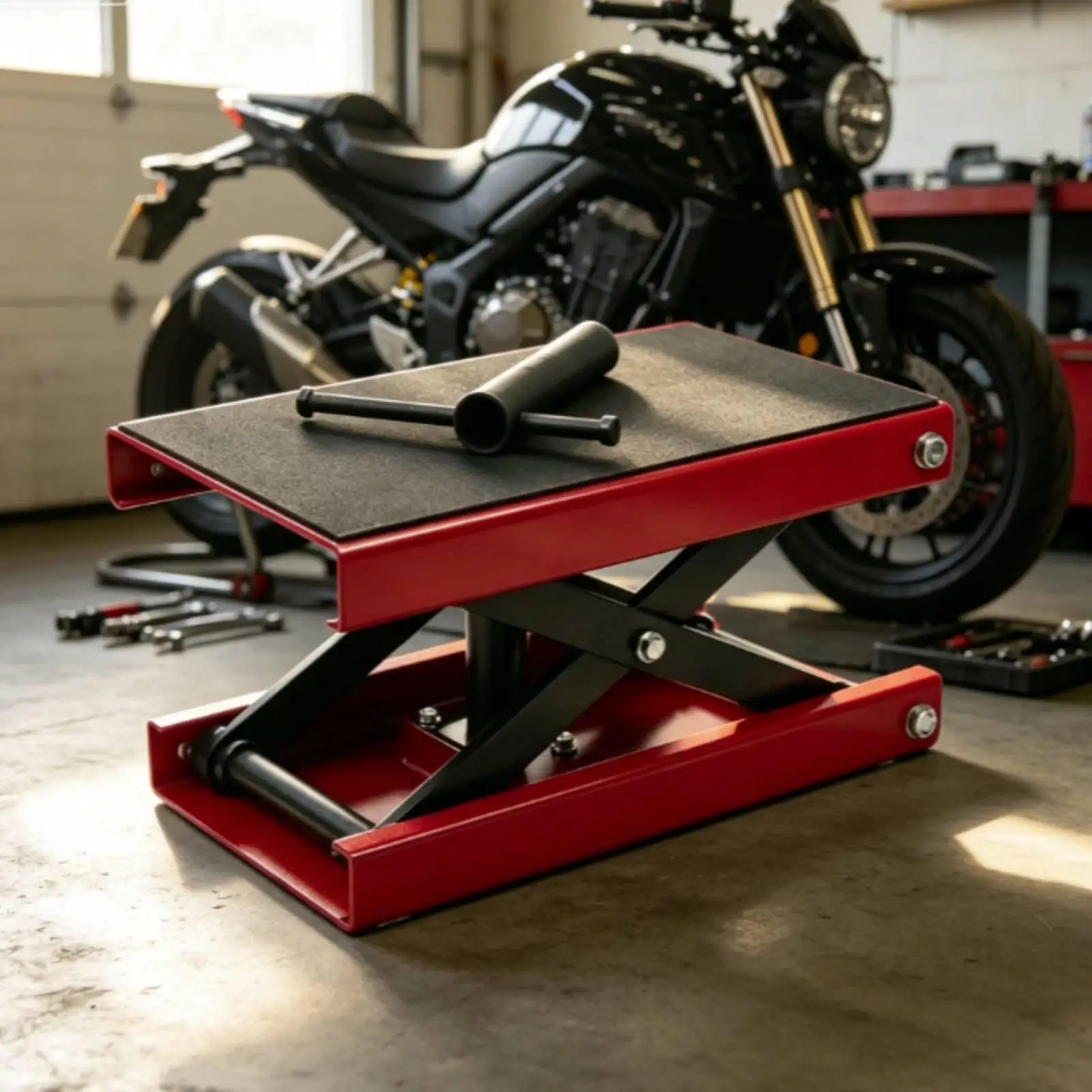 Motorcycle Lift Table Motorcycle, Electric Bike Lift Platform with Hand Crank Height Adjustable for Mechanics, Garage, Workshop