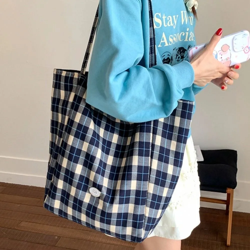

Japanese Style Plaid Canvas Tote Bag Versatile Leisure Double Sided Shoulder Bag Cloth Commuting Lattice Handbag Student