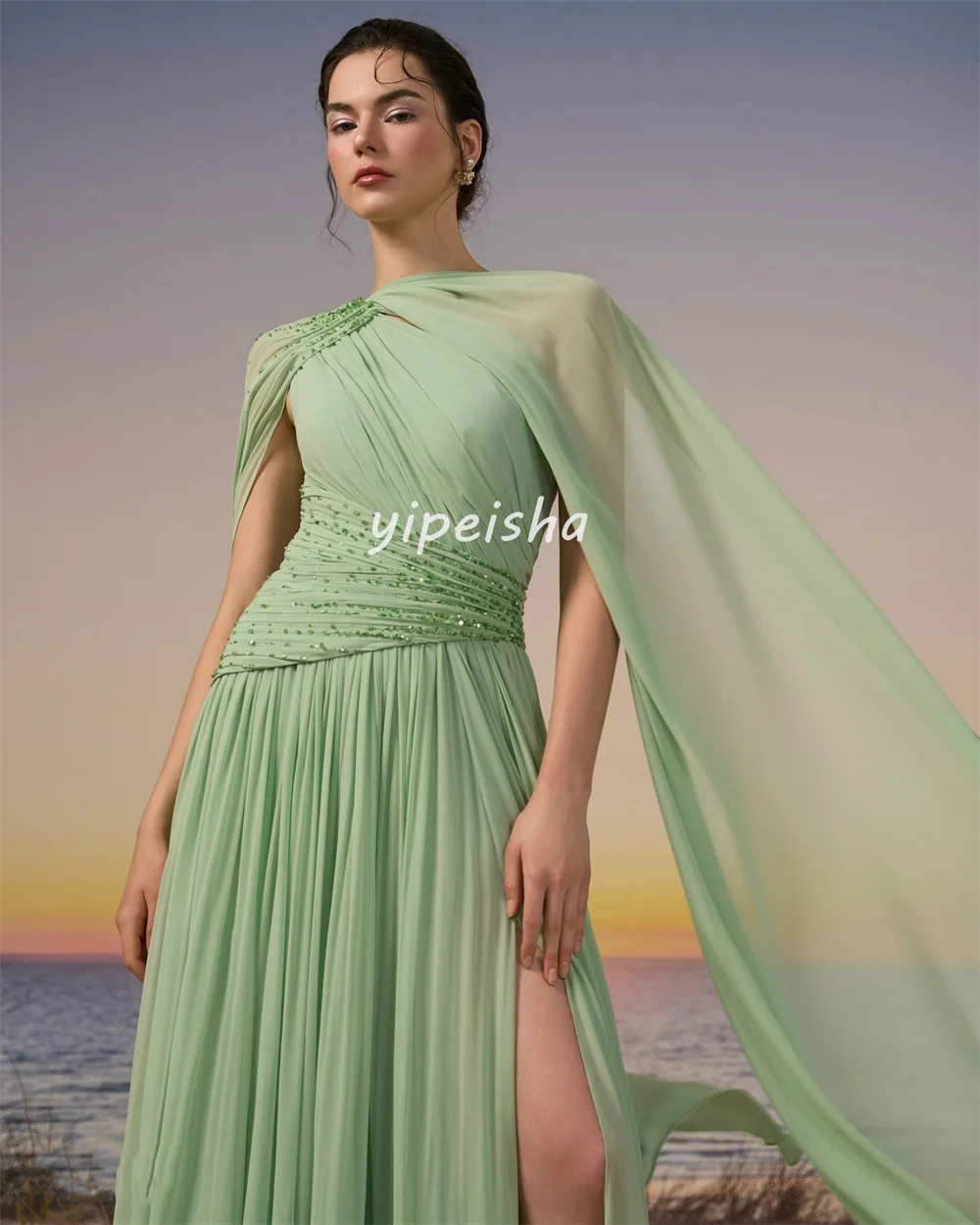 Customized Matching Fashion Chiffon Pleat Ruched Draped Beading Sequined A-line High Collar Long Dresses Evening Dresses Retro