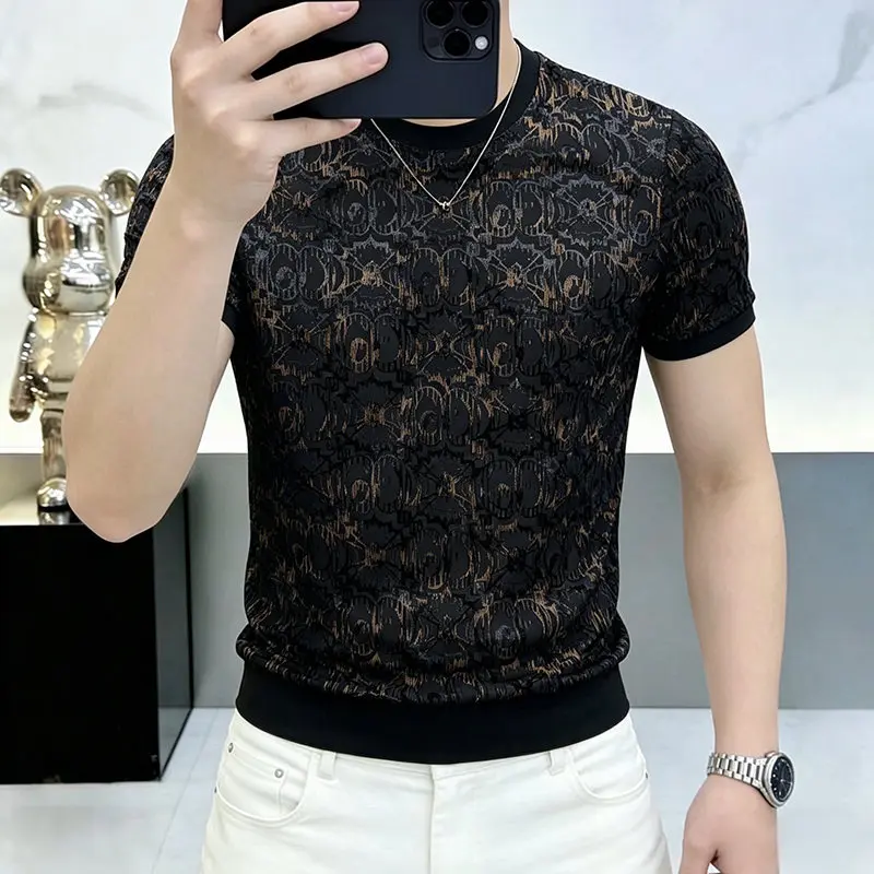 Polyamide&Polyester&Elastane T Shirt For Men Short Sleeve Black Summer Quality Flocking Burnout Cool Feeling Camisetas De Hombre