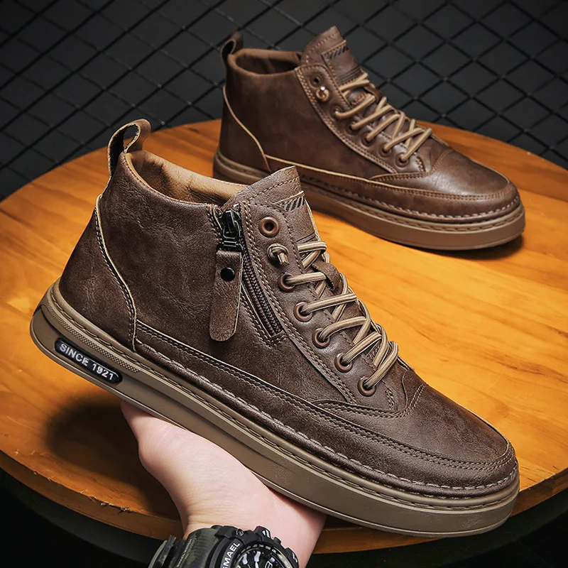 Brown Black Autumn Winter Boots Boys Size 39-44 Comfy Round Men PU Leather Boots Casual Sneakers Man Short Boots