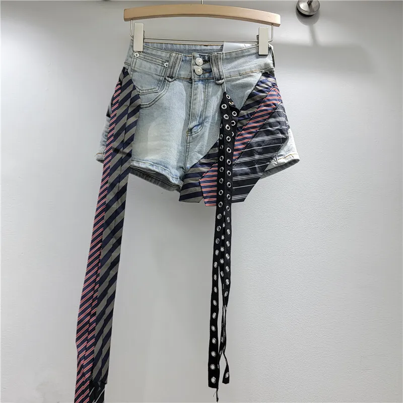 WTHT New Trendy Women Spliced Irregular Striped Ribbon Denim Shorts 2024 Spring High Waist Wide Leg Short Pants Female 1LS947