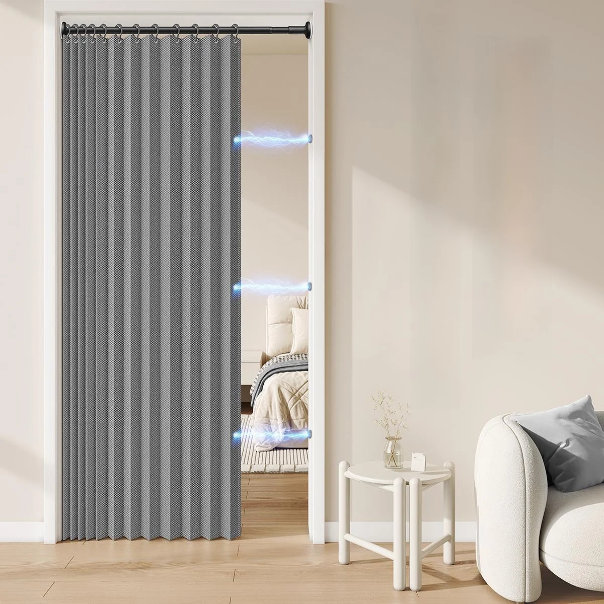 Cortina Elegante para Puerta, Cortina Cortavientos para Separar Ambientes, Barrera para Cocina, Cortina para Entrada de Armario, Sin Necesidad de Perforar, con Ganchos