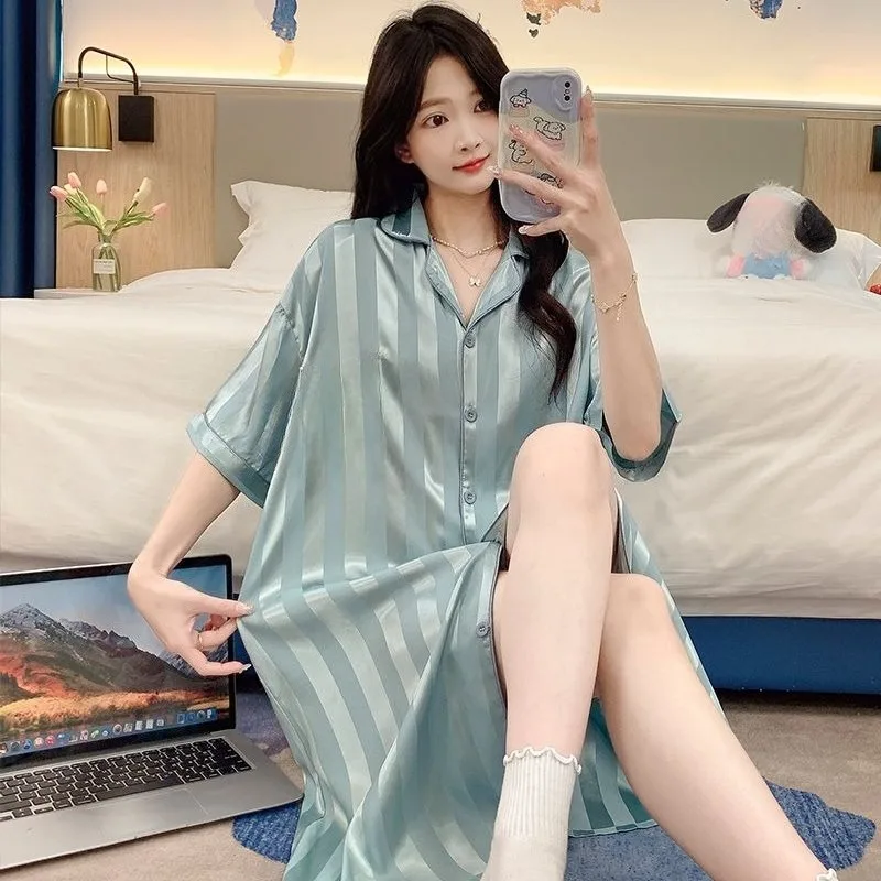 New Summer Style Nightgown Women Cardigan Striped Puppy Ice Silk Cool Feeling Pajamas Short-sleeved Summer Home Wear Comfortable