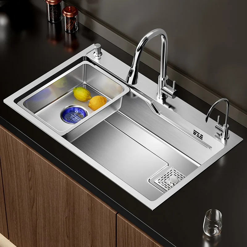 

Kitchen Sink Large Single Tank 304 Stainless Steel Side Row Vegetable Wash Basin Household Understage Waterfall Sinks