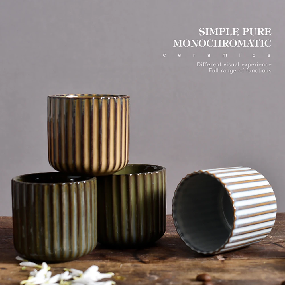 Vertical Striped Ceramic Exquisite Teacup 180ml Small Sake Sushi Sake Coffee Mug Family Restaurant Dinnerware Wholesale Cups