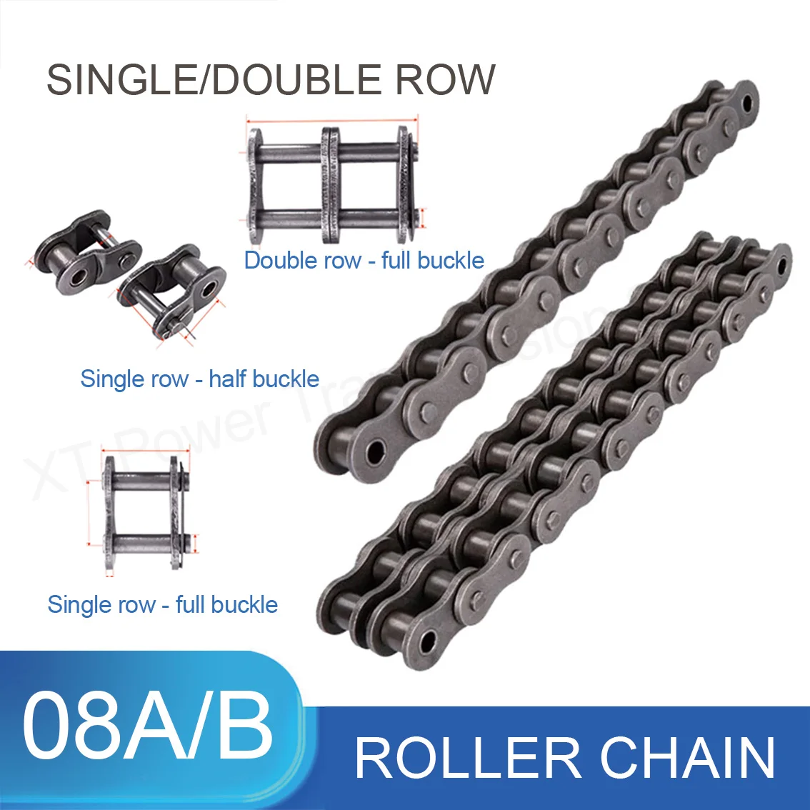 08A/B Roller Chain Pitch 12.7mm Carbon Steel Drive Chain Joints Industrial Transmission Double&Single Row Chain Half/full Buckle