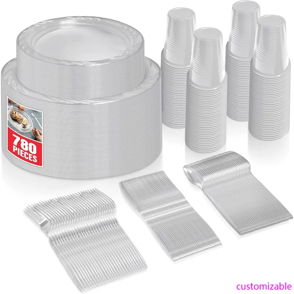 

Clear Plastic Dinnerware Set for 120 Guests: Heavy-Duty Plates, Cups, and Utensils for Everyday Use