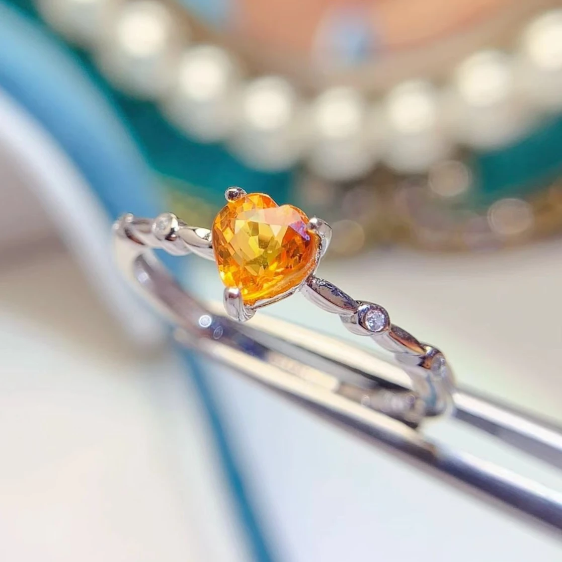 Heart Crystal 925 Silver Ring 5mm 0.5ct Natural Citrine Ring with Certificate Women Fashion Daily Wear Jewelry