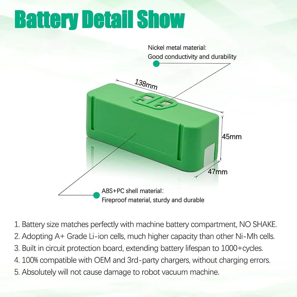 

Powerful 6500mAh 14.4V Li-ion Replacement Battery Compatible with Roomba 500 600 700 800 900 R3 Series Safe Stable Performance