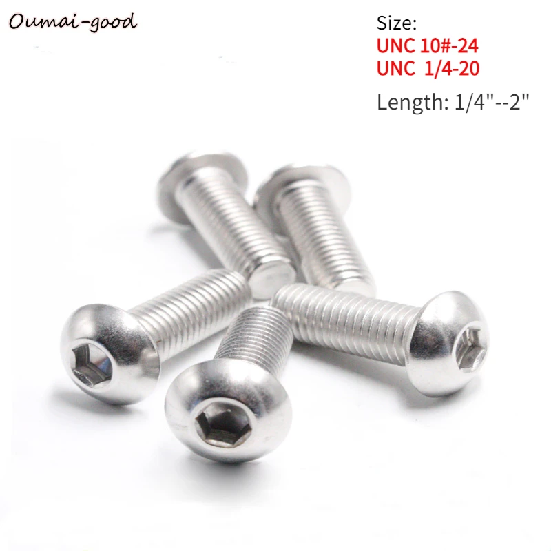 10pcs UNC 10#-24 1/4-20 US Thread 304 A2 stainless steel Allen Hex Hexagon Socket Button Head Round Screw Bolts Length 1/4“- 2