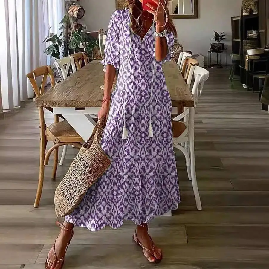

Purple Ikat Print V-Neck Loose Mid-Length Maxi Dress With Tassel Drawstring And Boho Casual Design For Women