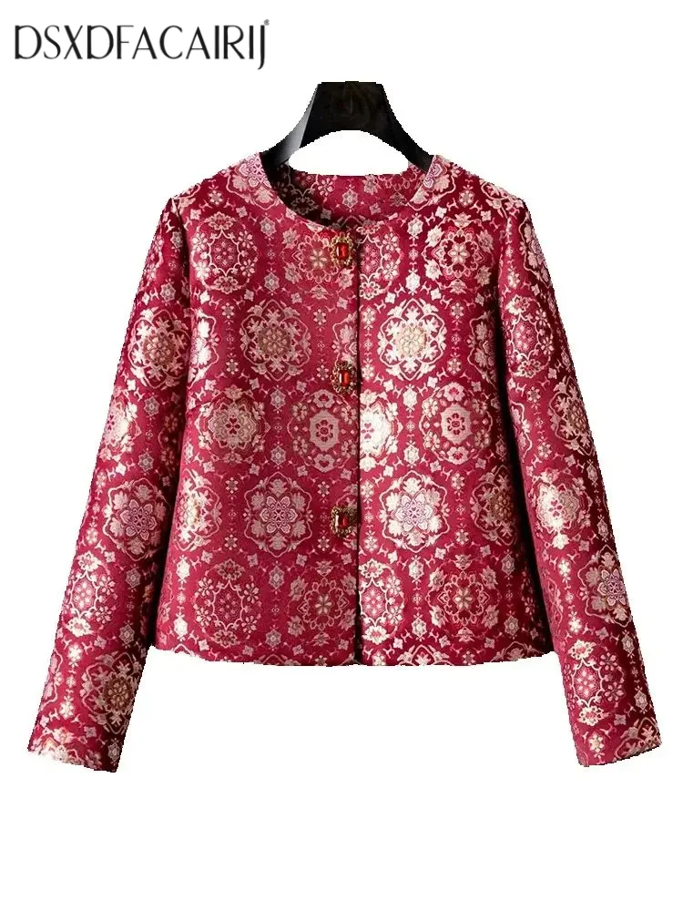 

DSFACAIRIJ Vintage O-Neck Jacket for Women with Long Sleeves Crystals Single-Breasted Design Fashion Autumn Outerwear Females