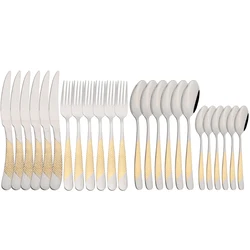 Drmfiy High Quality Tableware 24Pcs Silver Cutlery Set Gold Luxury Knife Fork Spoon Dinnerware Set Dinner Kitchen Silverware Set